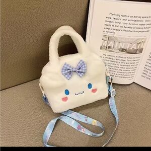 Cute White Plush Handbag with Blue Accents